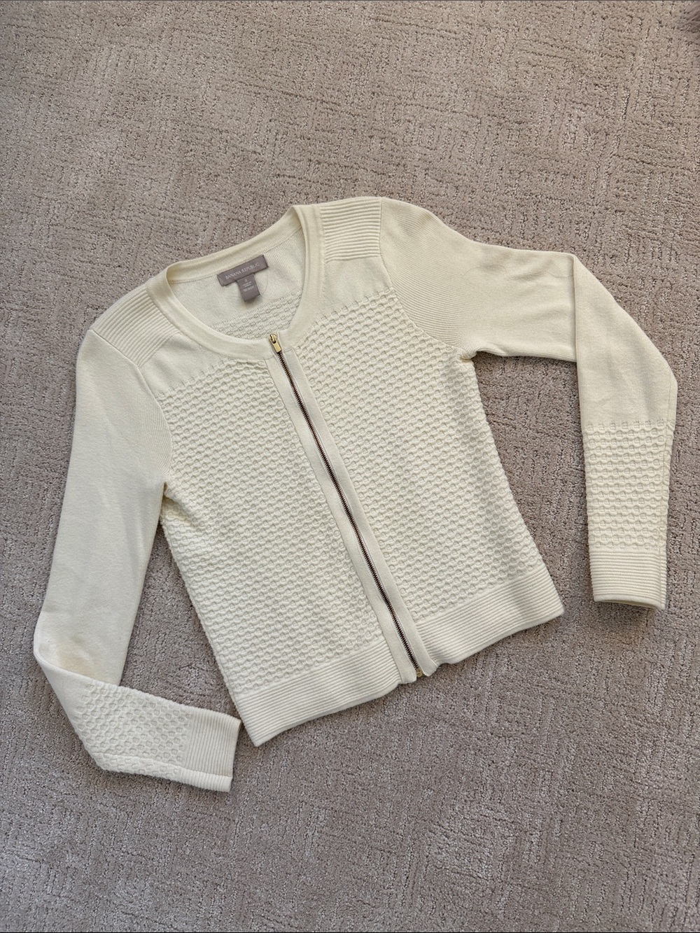 Banana Republic Cream Zip-Front Textured Cardigan Vintage Small